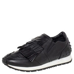 Tod's Black Leather Fringed Slip On Sneakers Size 37