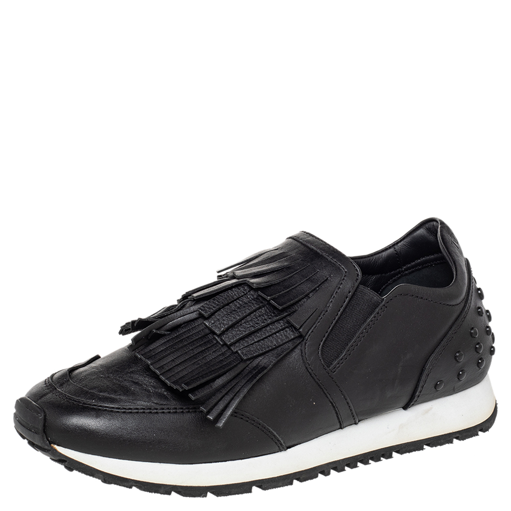 luxury-women-tods-used-shoes-p475983-007 Tod's Black Leather Fringed Slip On Sneakers Size 37