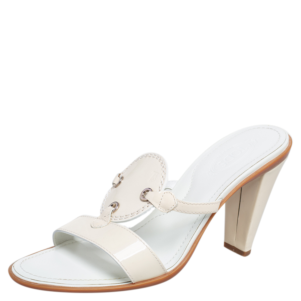 luxury-women-tods-used-shoes-p482148-004 Tod's Cream Patent Leather Open Toe Slide Sandals Size 36.5