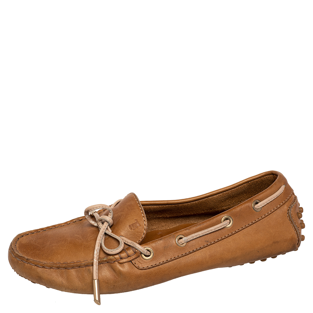 luxury-women-tods-used-shoes-p487481-008 Tod's Brown Leather Bow Slip On Loafers Size 36.5