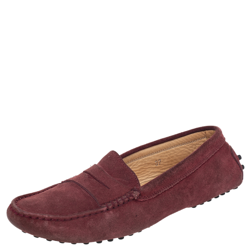 luxury-women-tods-used-shoes-p487650-008 Tod's Burgundy Suede Gommino Slip On Loafers Size 37