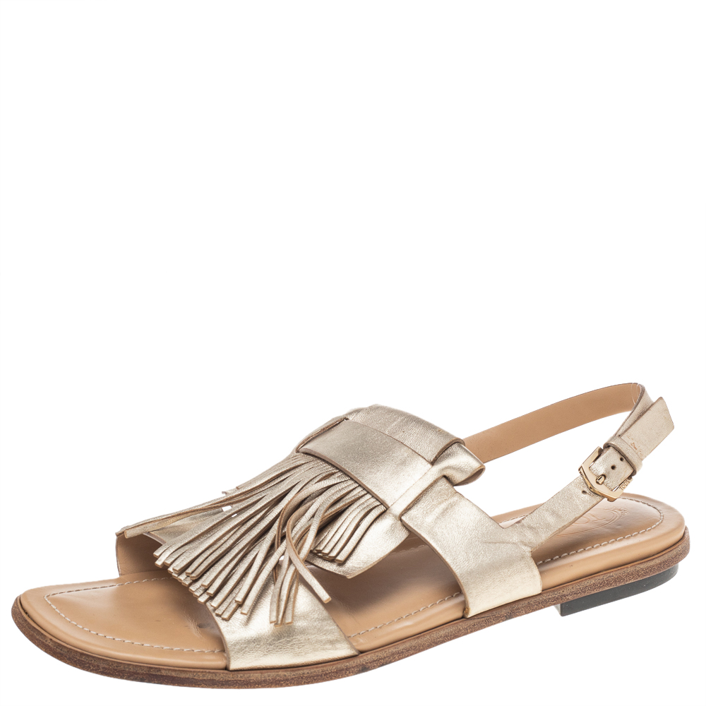 luxury-women-tods-used-shoes-p492867-004 Tod's Metallic Gold Leather Fringe Slingback Flat Sandals Size 37