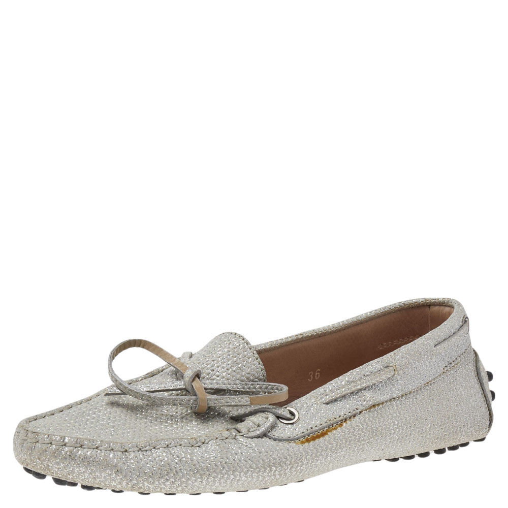 luxury-women-tods-used-shoes-p494926-001 Tod's Silver Glitter Slip on Loafers Size 36