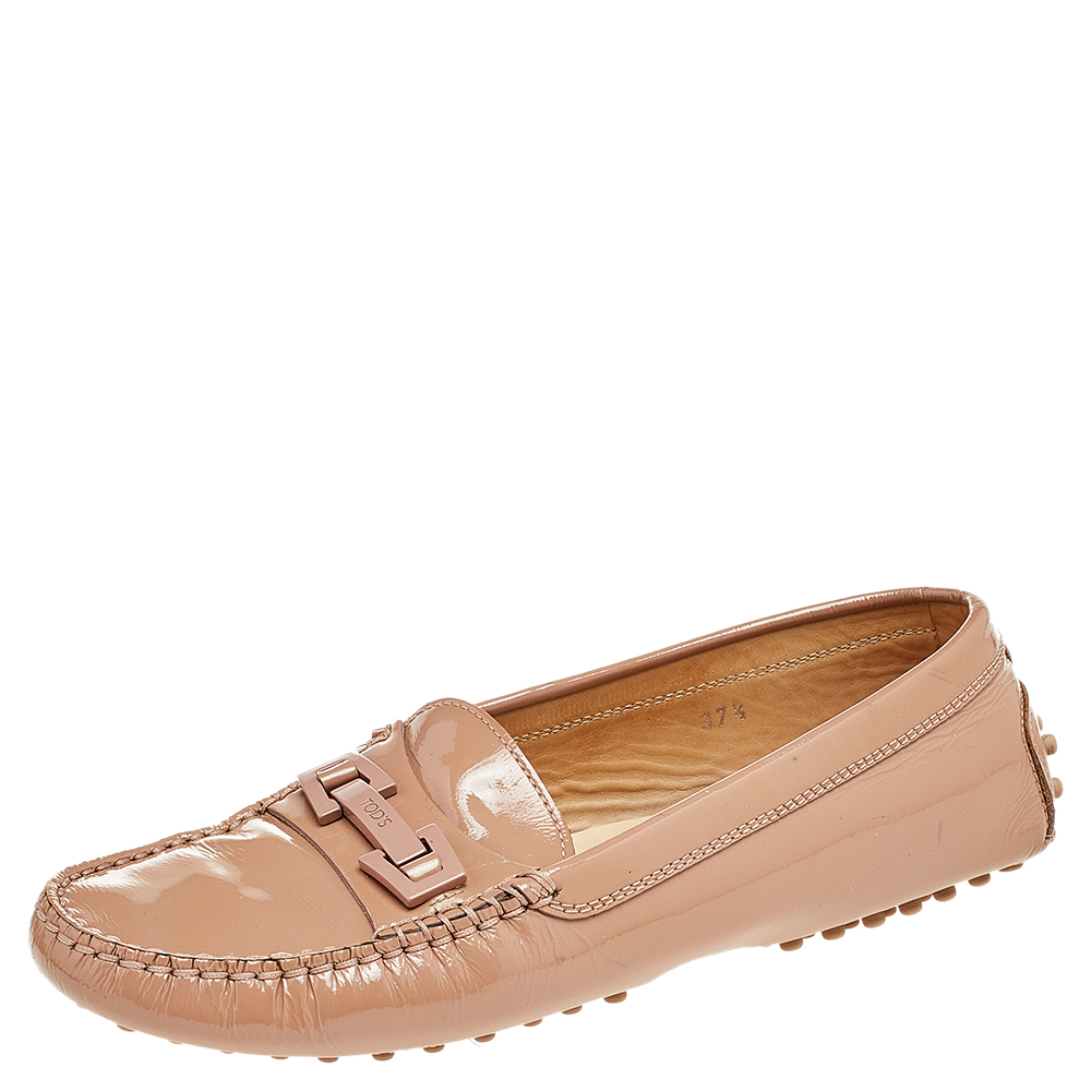 luxury-women-tods-used-shoes-p499698-006 Tod's Beige Patent Leather Logo Bit Slip On Loafers Size 37.5