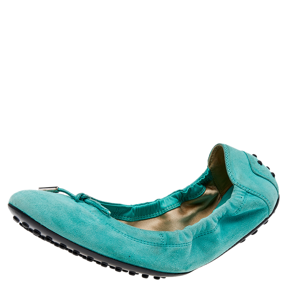 luxury-women-tods-used-shoes-p499700-008 Tod's Mint Green Suede Bow Scrunch Ballet Flats Size 39