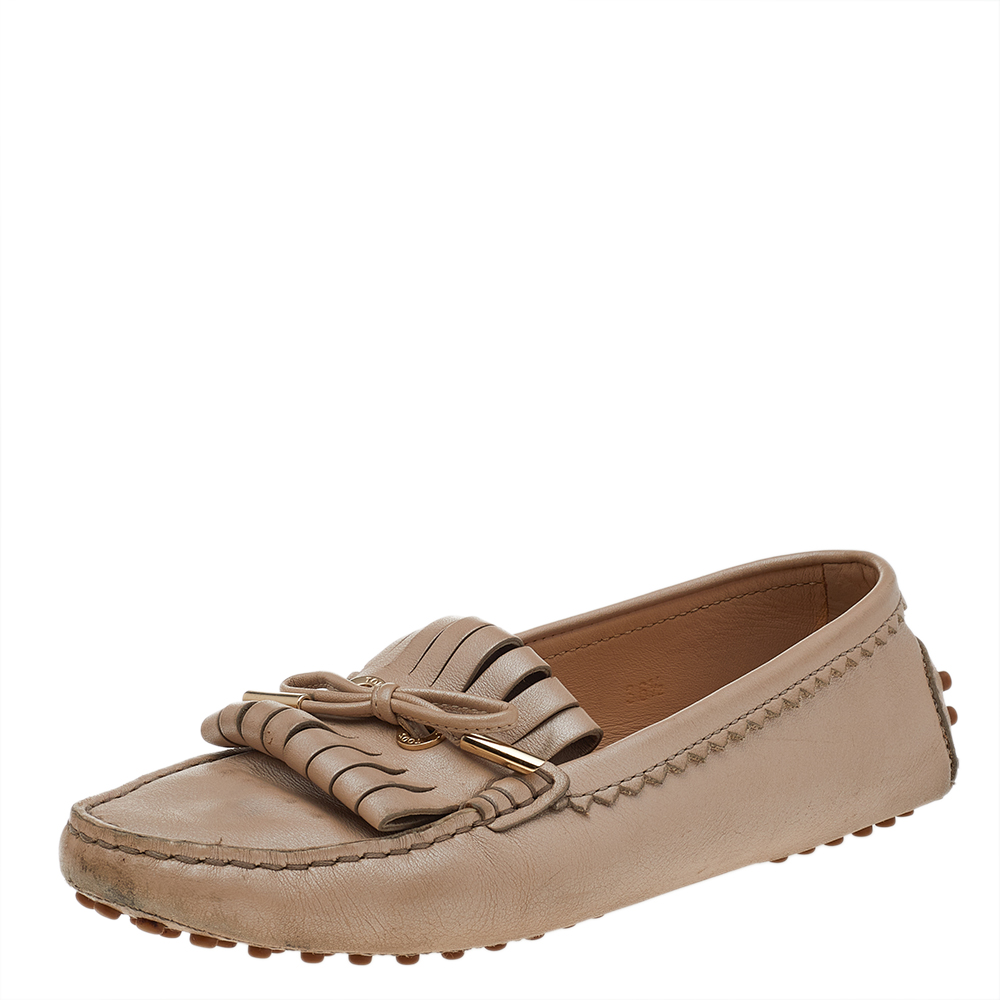 luxury-women-tods-used-shoes-p507914-006-2 Tod's Beige Leather Fringe Slip on Loafers Size 36.5
