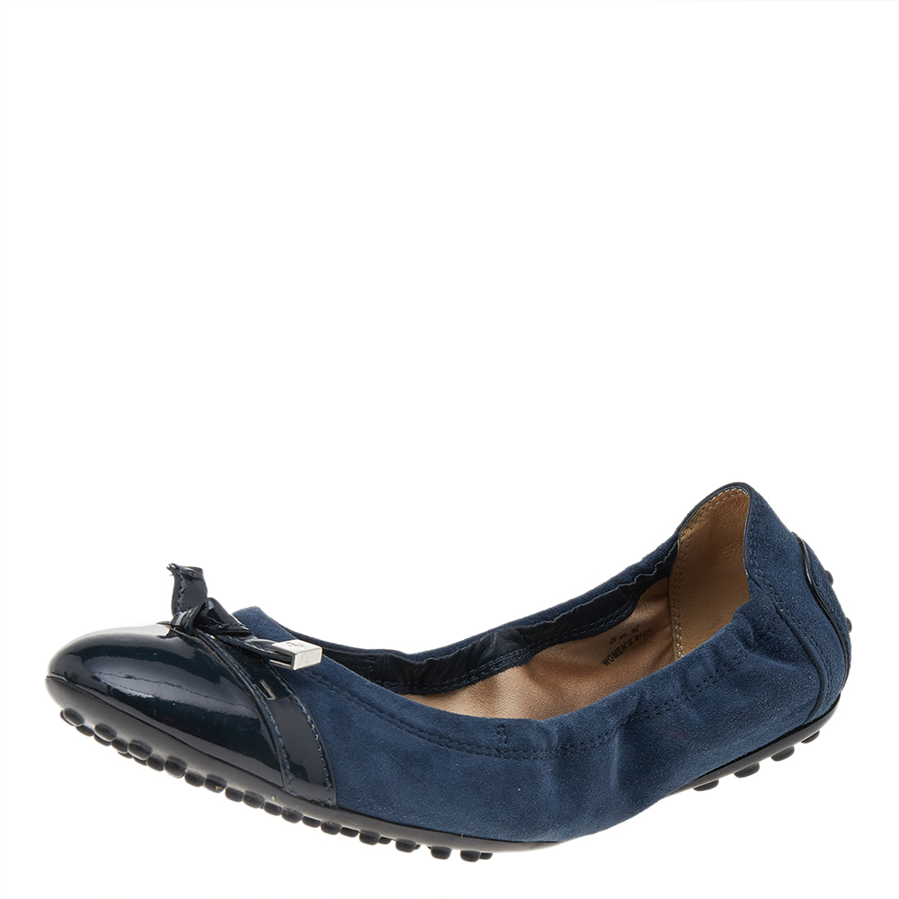 luxury-women-tods-used-shoes-p514506-006-2 Tod's Navy Blue Suede And Patent Leather Trim Toe Cap Scrunch Ballet Flats Size 36.5