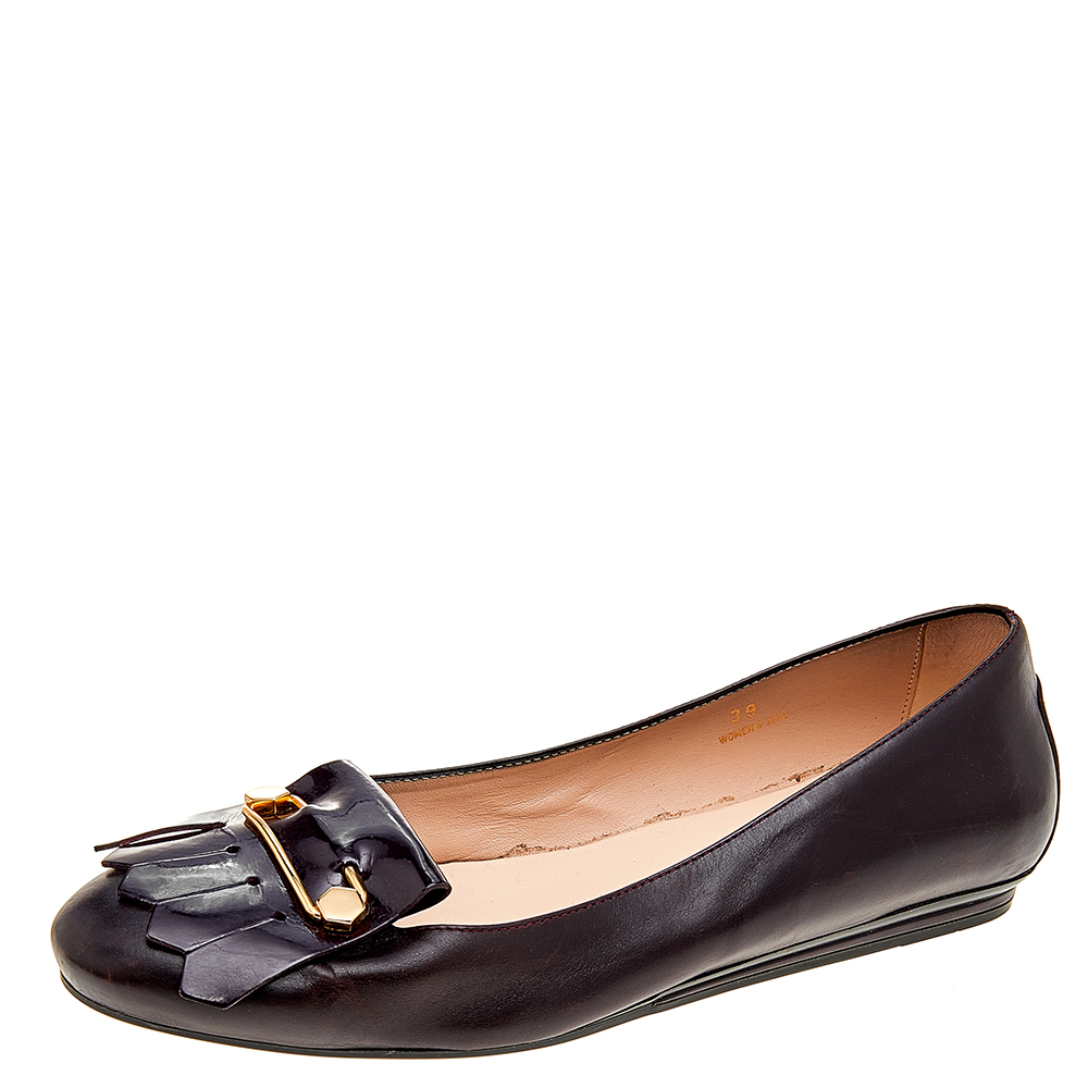 luxury-women-tods-used-shoes-p514786-006-2 Tod's Burgundy Leather Fringe Ballet Flats Size 39