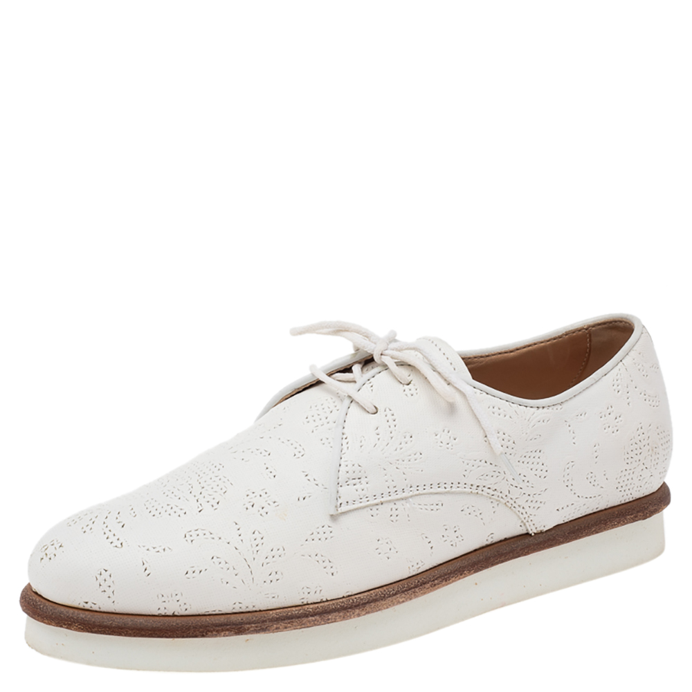 luxury-women-tods-used-shoes-p514869-008-1 Tod's White Laser Cut Leather Lace Up Derby Size 37