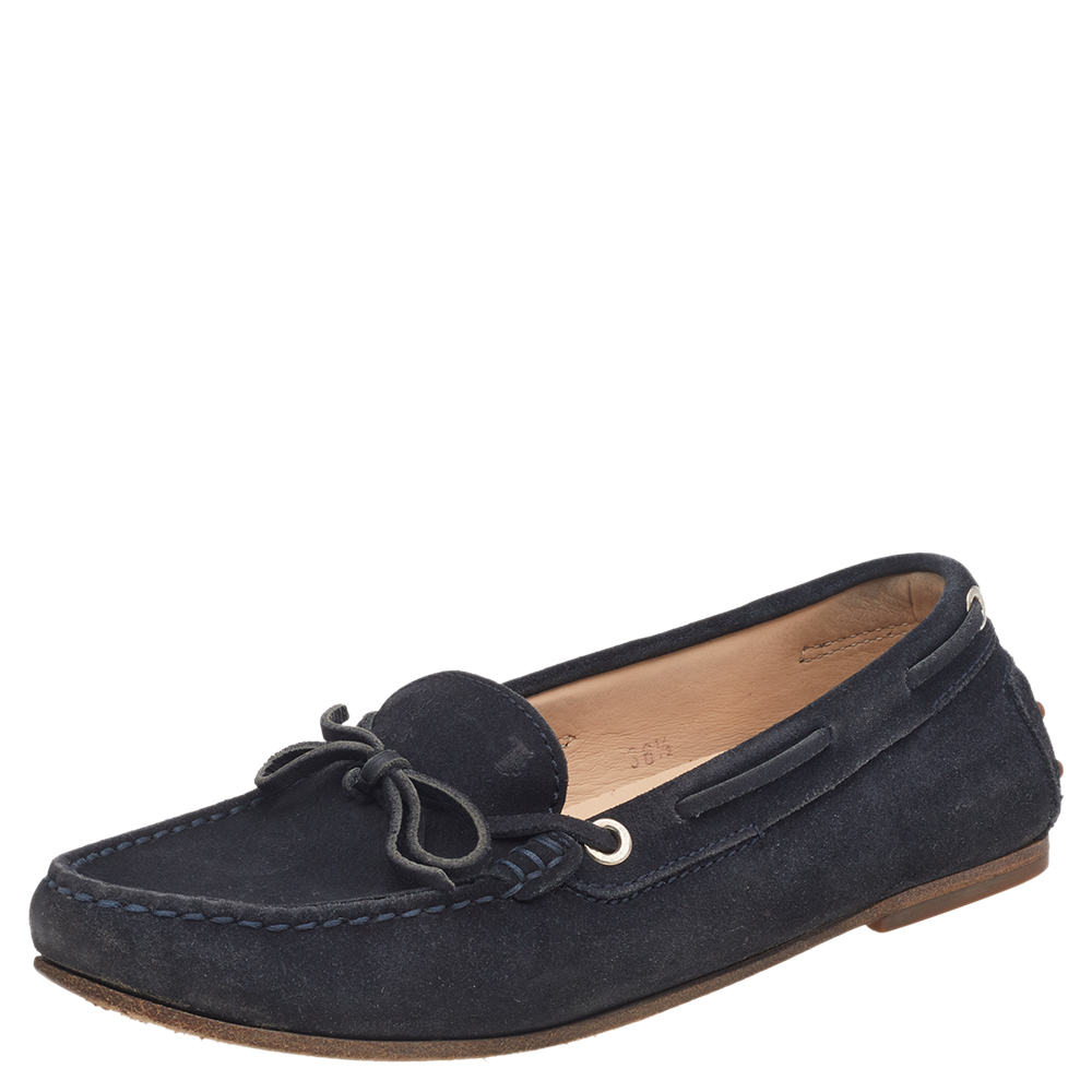 luxury-women-tods-used-shoes-p518445-003-2 Tod's Navy Blue Leather Bow Slip On Loafers Size 36.5