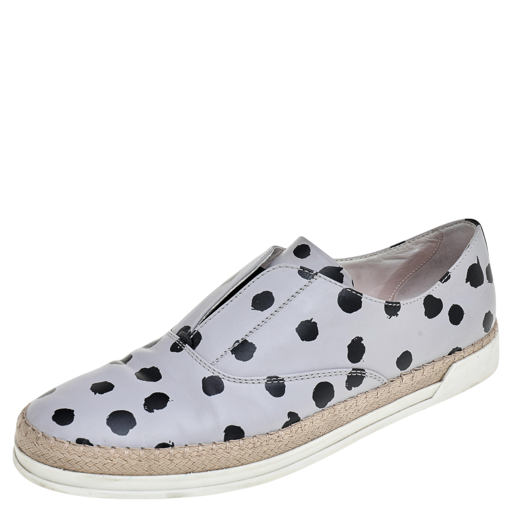 luxury-women-tods-used-shoes-p526187-007 Tod's Grey/Black Dot Printed Leather Francesina Espadrille Slip On Sneakers Size 39.5