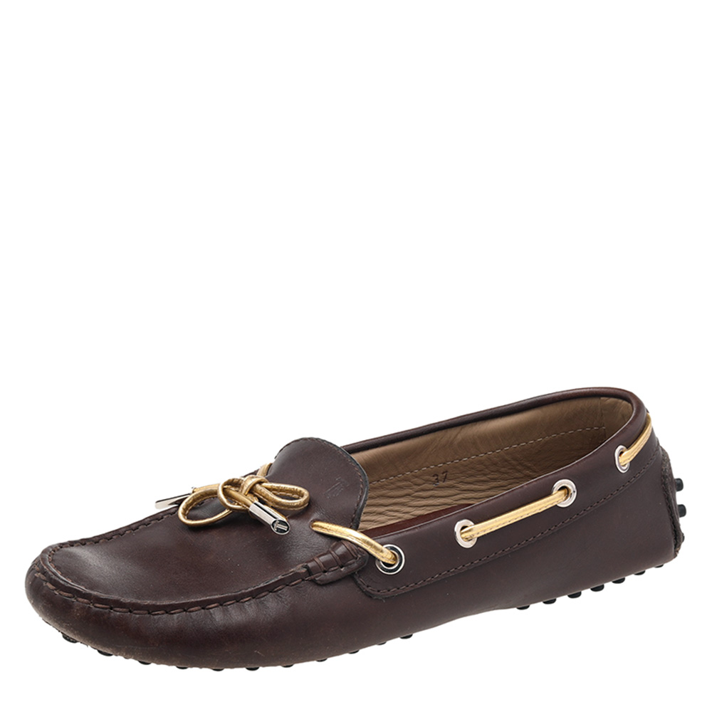 luxury-women-tods-used-shoes-p527127-004-2 Tod's Brown/Gold Leather Bow Slip On Loafers Size 37