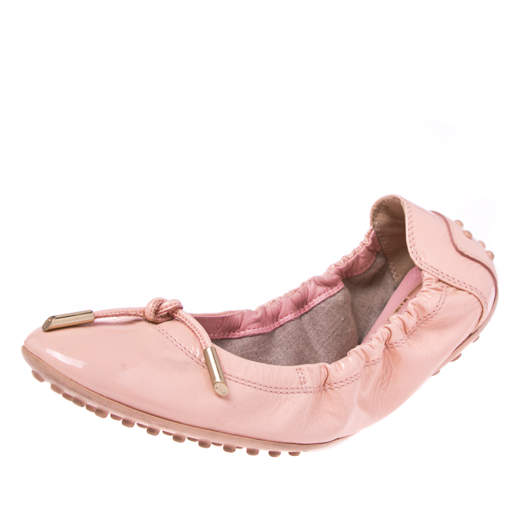 luxury-women-tods-used-shoes-p532191-005-2 Tod's Salmon Pink Patent Leather Ballerina Scrunch Flats Size 37