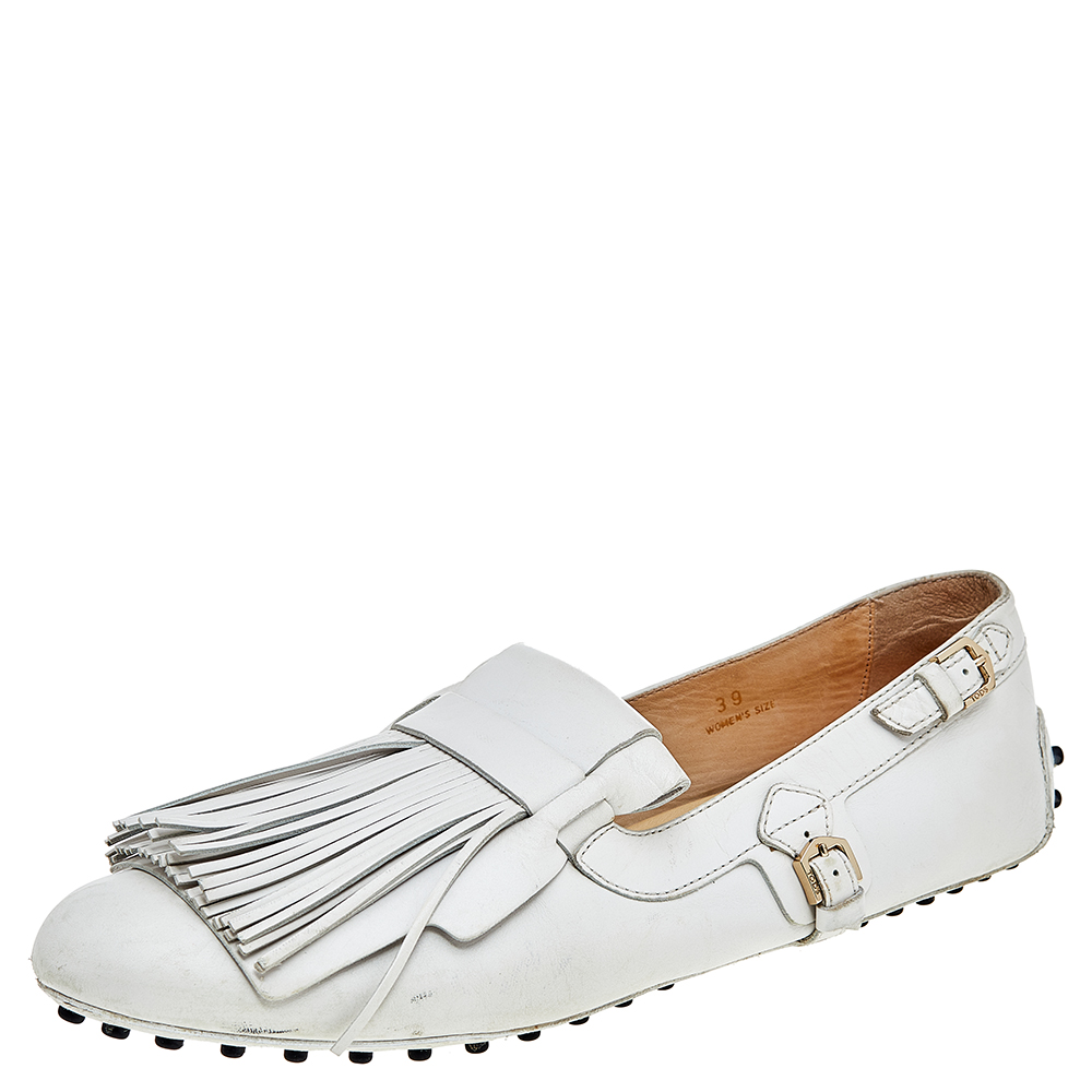 Tod's White Leather Fringe Slip on Loafers Size 39
