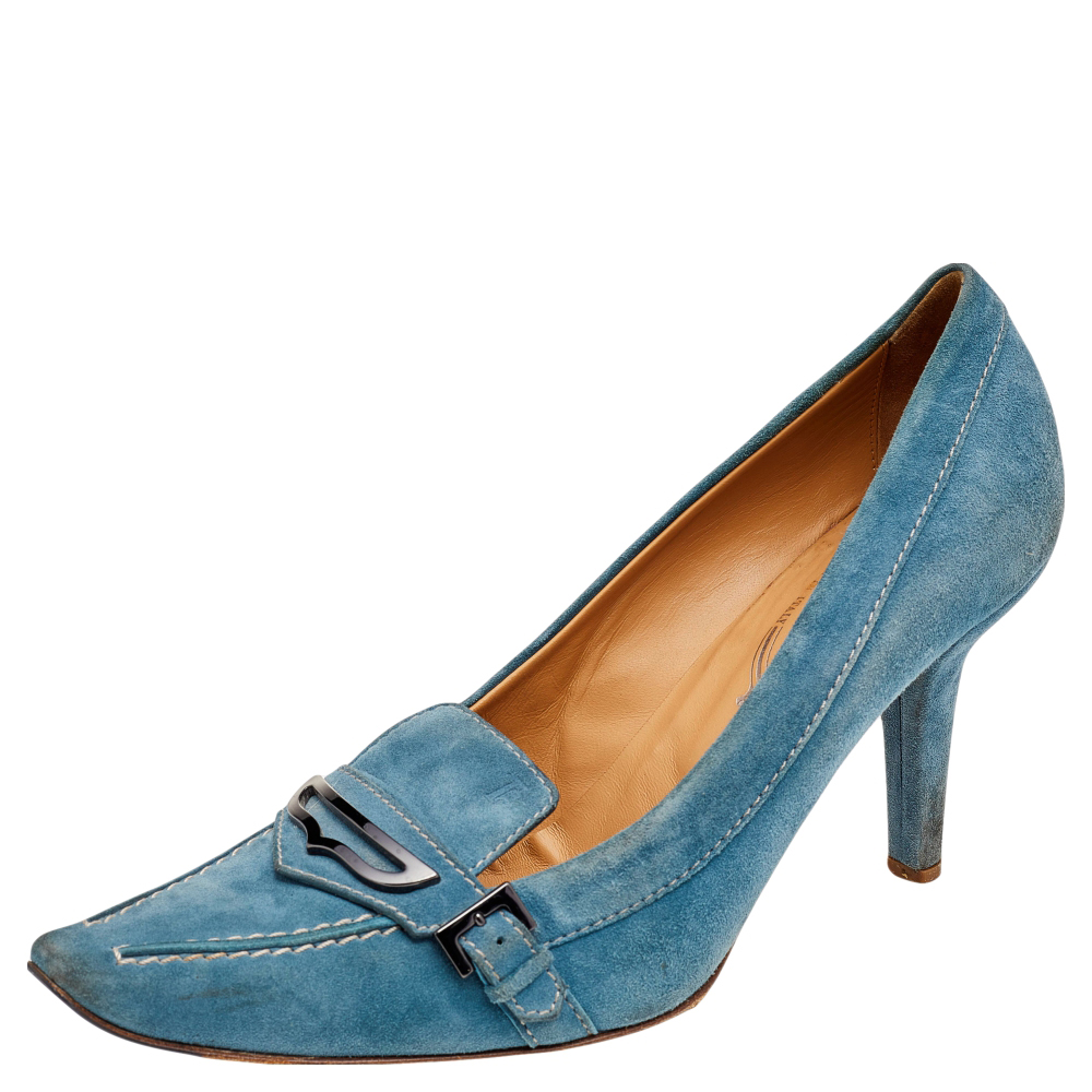 luxury-women-tods-used-shoes-p568399-005-2 Tod's Blue Suede Pointed Toe Loafer Pumps Size 37.5