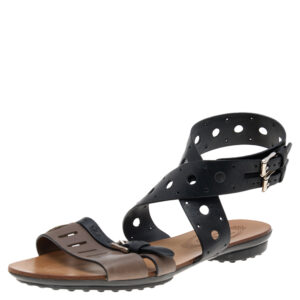 Tod's Black/Grey Leather Flat Sandals Size 36