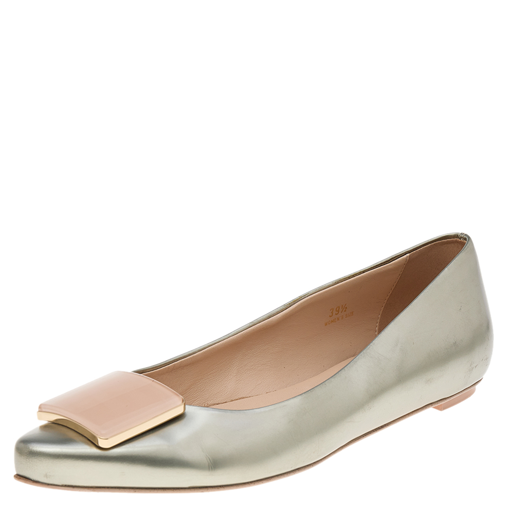 luxury-women-tods-used-shoes-p569180-002-1 Tod's Silver/Pink Patent Leather Buckle Detail Flats Size 39.5