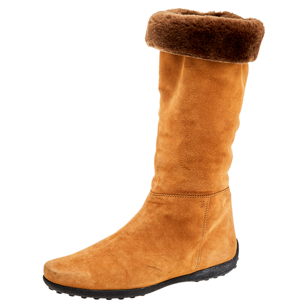 luxury-women-tods-used-shoes-p569941-007-1 Tod's Yellow/Brown Suede And Fur Calf Length Boots Size 37.5