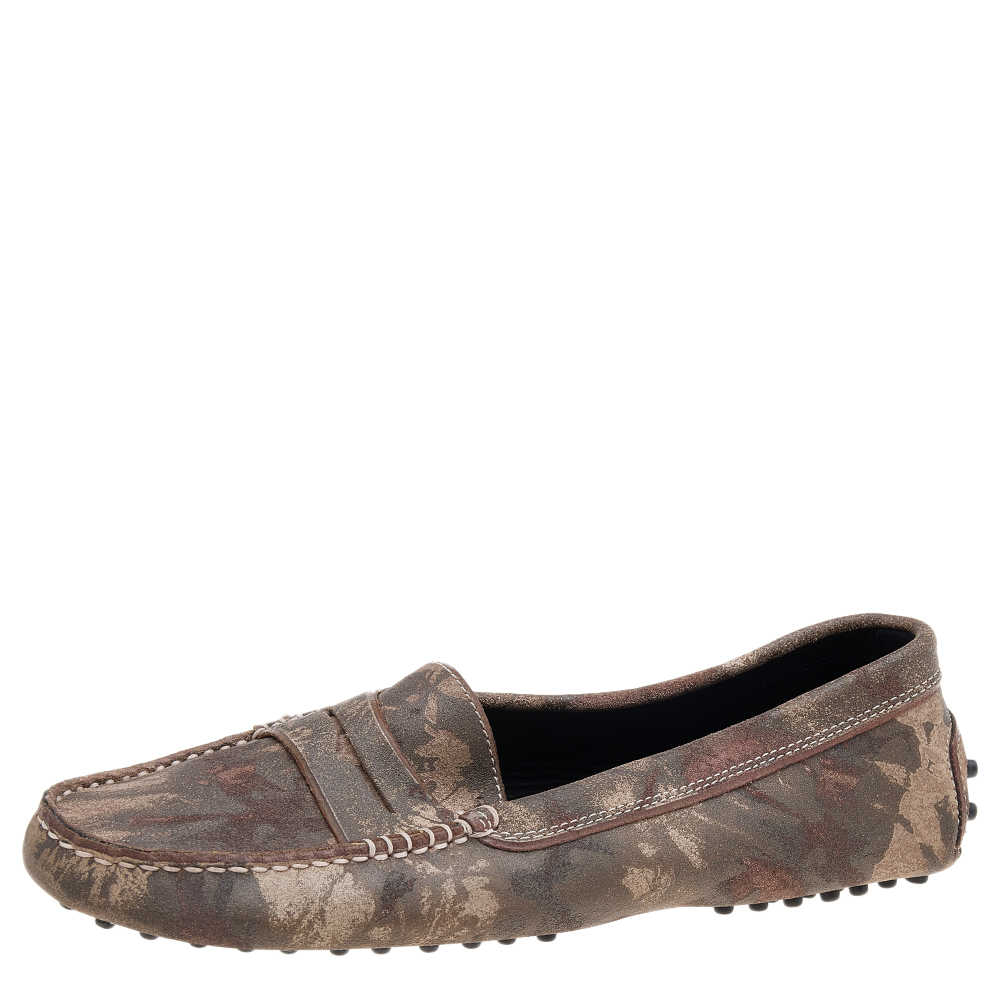 Tod's Brown Printed Suede Slip On Loafers Size 39