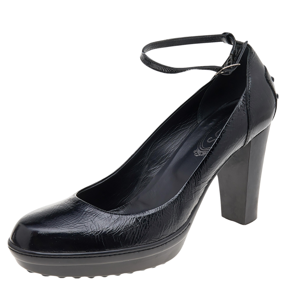 luxury-women-tods-used-shoes-p596761-005-2 Tod's Black Patent Leather Ankle Strap Pumps Size 39