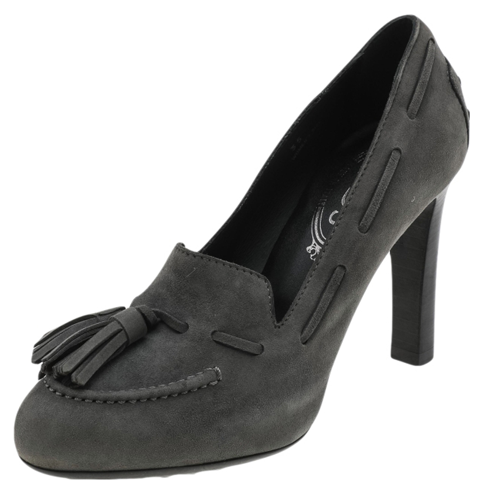 luxury-women-tods-used-shoes-p597185-001-2 Tod's Grey Suede Tassel Loafer Pumps Size 35