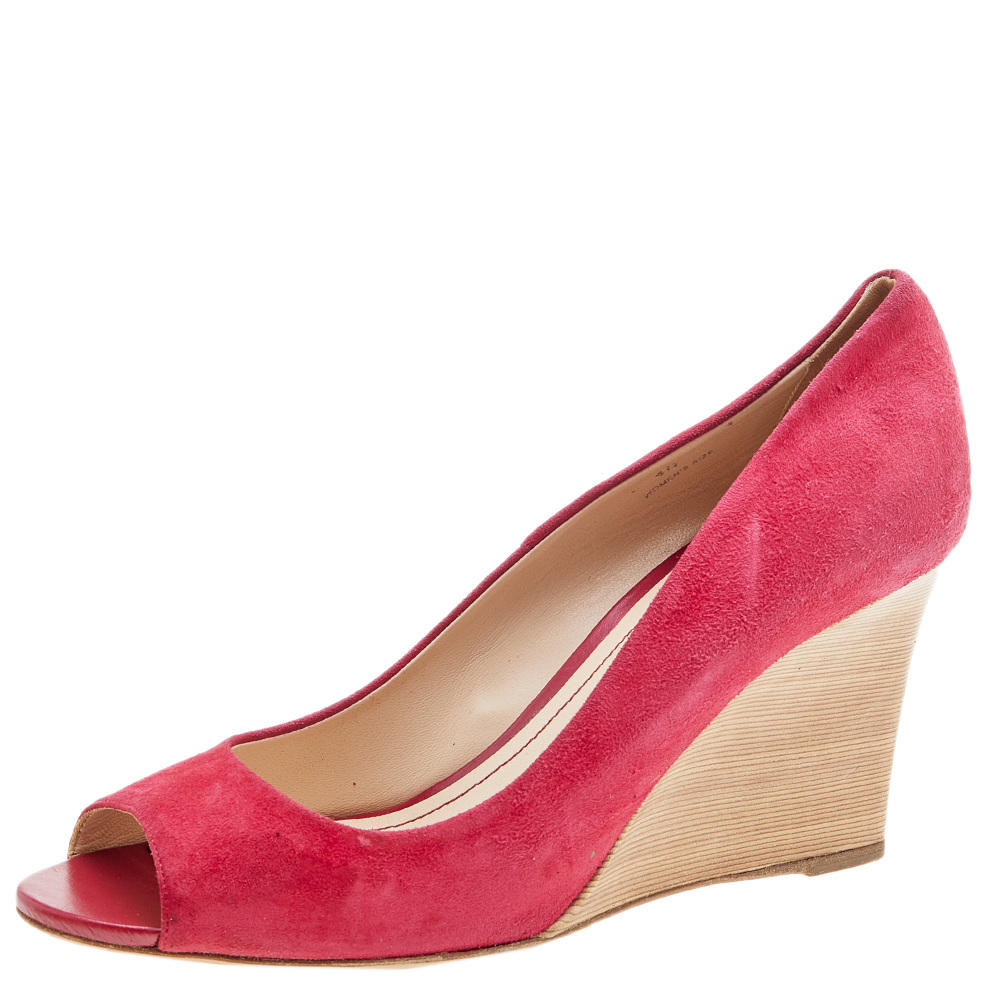 Tod's Crimson Red Suede Peep Toe Wedge Pumps Size 40