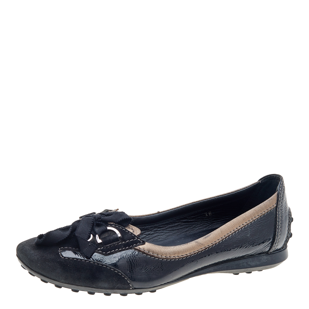 luxury-women-tods-used-shoes-p616903-004-2 Tod's Black Patent Leather And Suede Lace up Loafers Size 36