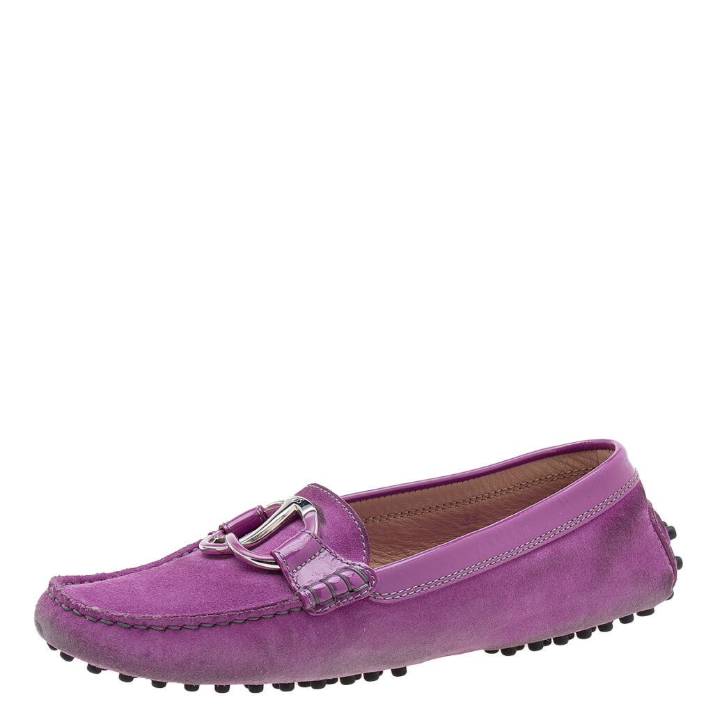 luxury-women-tods-used-shoes-p619927-006-2 Tod's Purple Suede And Patent Leather Trim Embellished Slip On Loafers Size 38