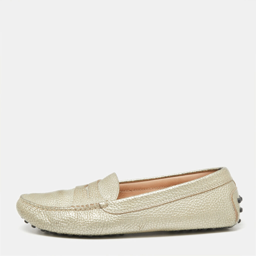 luxury-women-tods-used-shoes-p630990-001-1 Tod's Metallic Grey Leather Penny Loafers Size 36.5