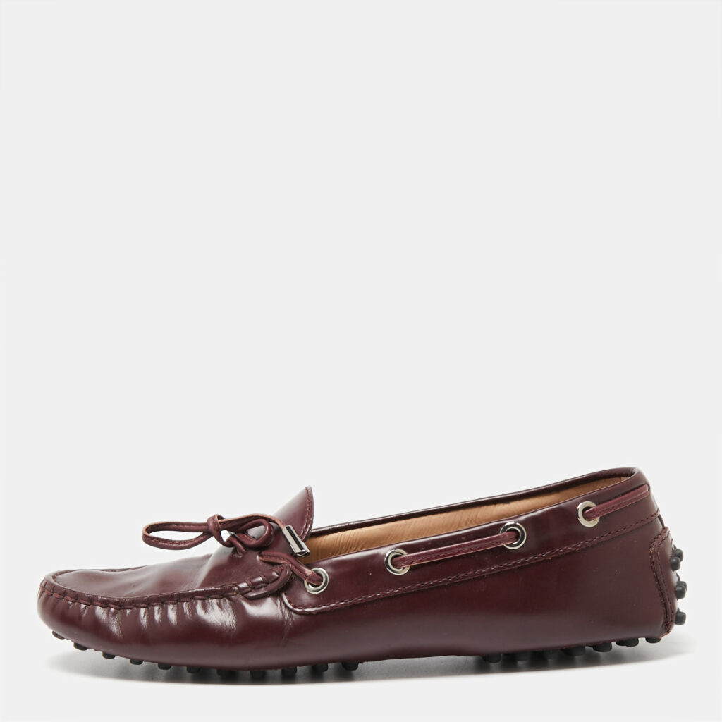 luxury-women-tods-used-shoes-p631002-001-2 Tod's Burgundy Leather Bow Slip-On Loafers Size 37.5