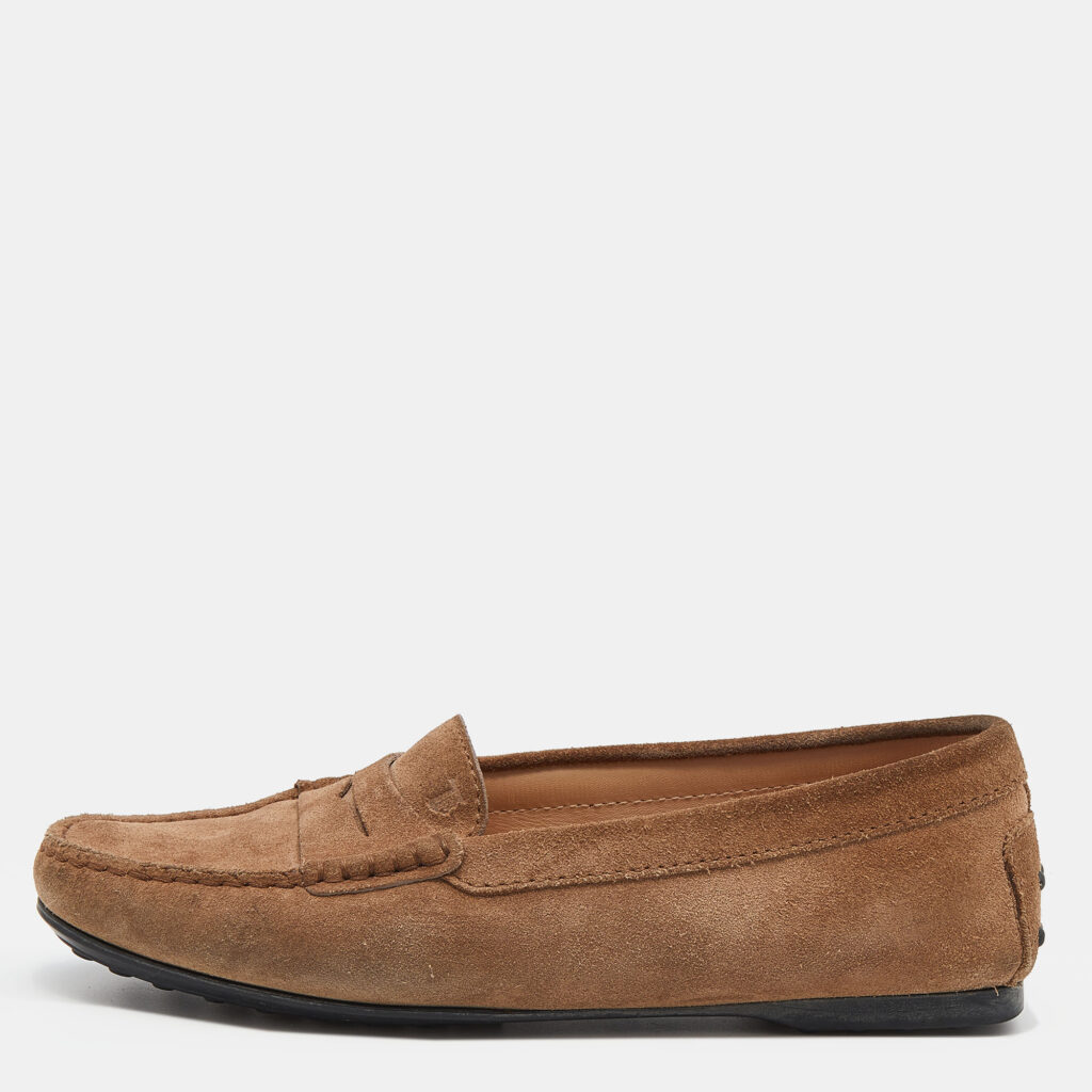 luxury-women-tods-used-shoes-p633999-002-2 Tod's Light Brown Suede Slip On Loafers Size 35
