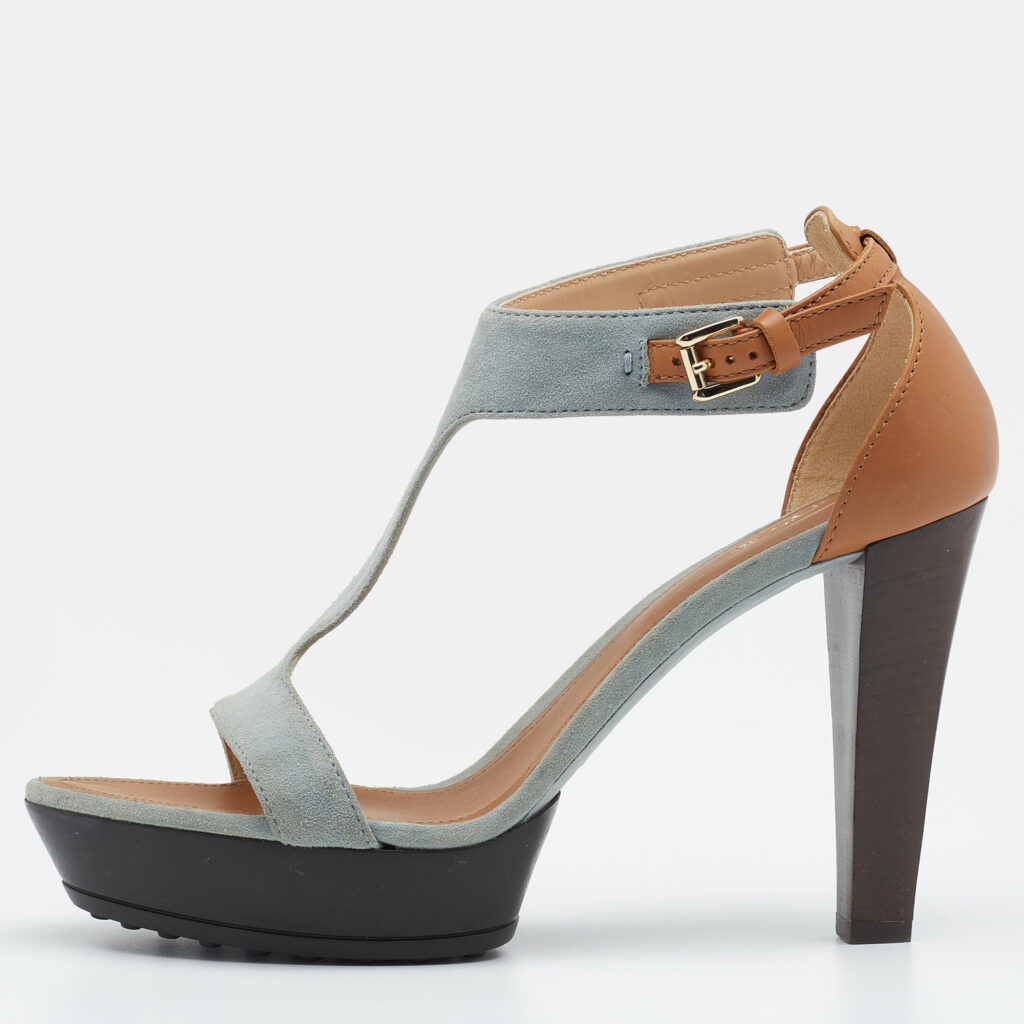 luxury-women-tods-used-shoes-p647757-001-2 Tod's Grey/Beige Suede And Leather T-Strap Platform Sandals Size 40