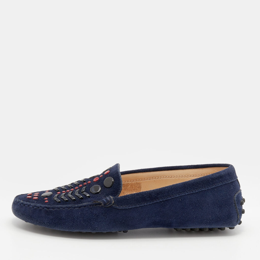 luxury-women-tods-used-shoes-p659220-002-1 Tod's Navy Blue Suede Studded Slip On Loafers Size 37