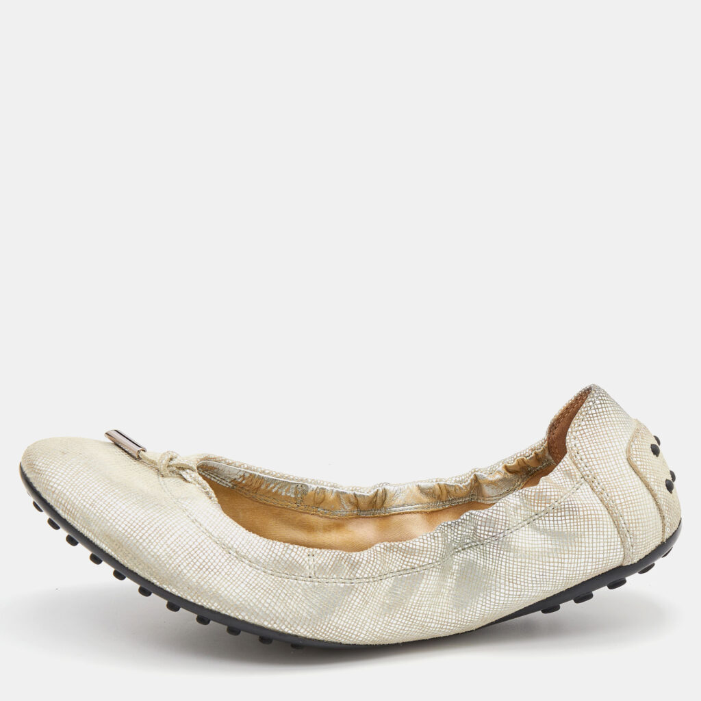 luxury-women-tods-used-shoes-p659495-010 Tod's Silver Textured Nubuck Leather Bow Scrunch Ballet Flats Size 39.5