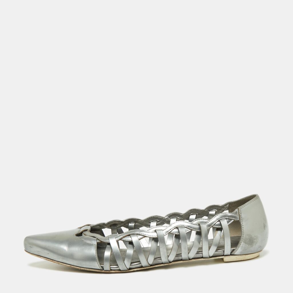 luxury-women-tods-used-shoes-p666835-001-1 Tod's Grey Patent Leather Braided Detailed Pointed Toe Ballet Flats Size 39.5