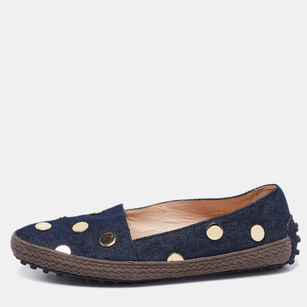luxury-women-tods-used-shoes-p682644-002-1 Tod's Navy Blue Denim Studded Espadrille Flats Size 36.5