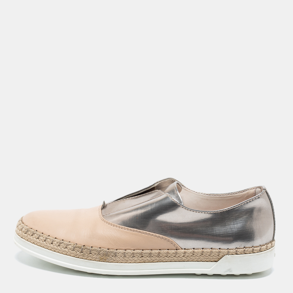 Tod's Silver and Beige Patent and Leather Francesina Slip On Espadrille Sneakers Size 35.5