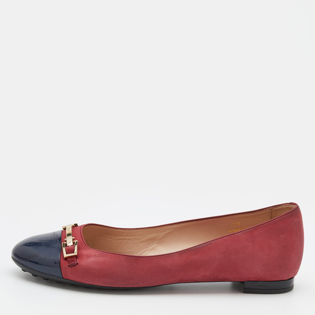 luxury-women-tods-used-shoes-p713152-002-1 Tod's Crimson Red/Blue Leather And Patent Leather Cap Toe Buckle Ballet Flats Size 37
