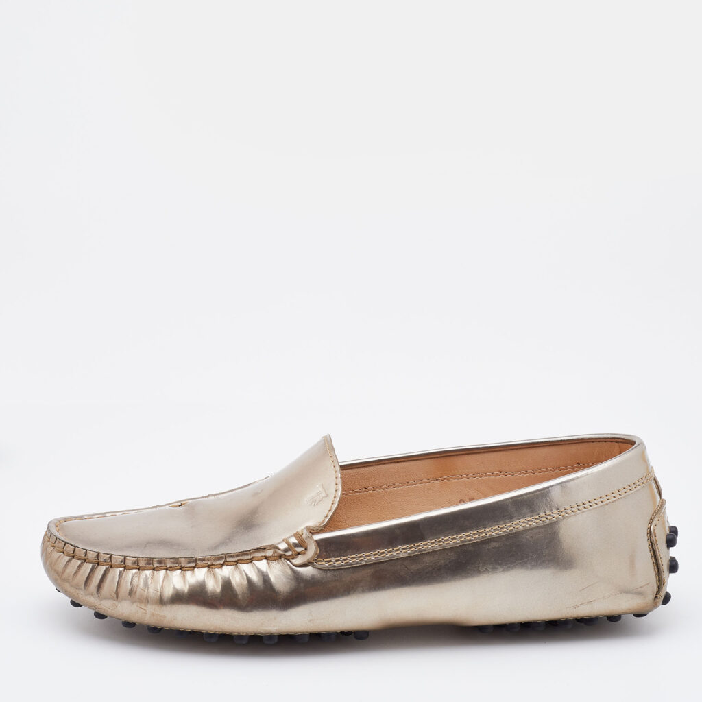 luxury-women-tods-used-shoes-p728469-008 Tod's Light Gold Patent Leather Gommini Slip On Loafers Size 35