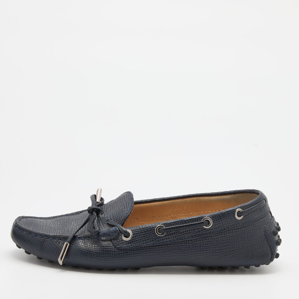 luxury-women-tods-used-shoes-p734847-002 Tod's Navy Blue Lizard Embossed Leather Bow Slip On Loafers Size 36