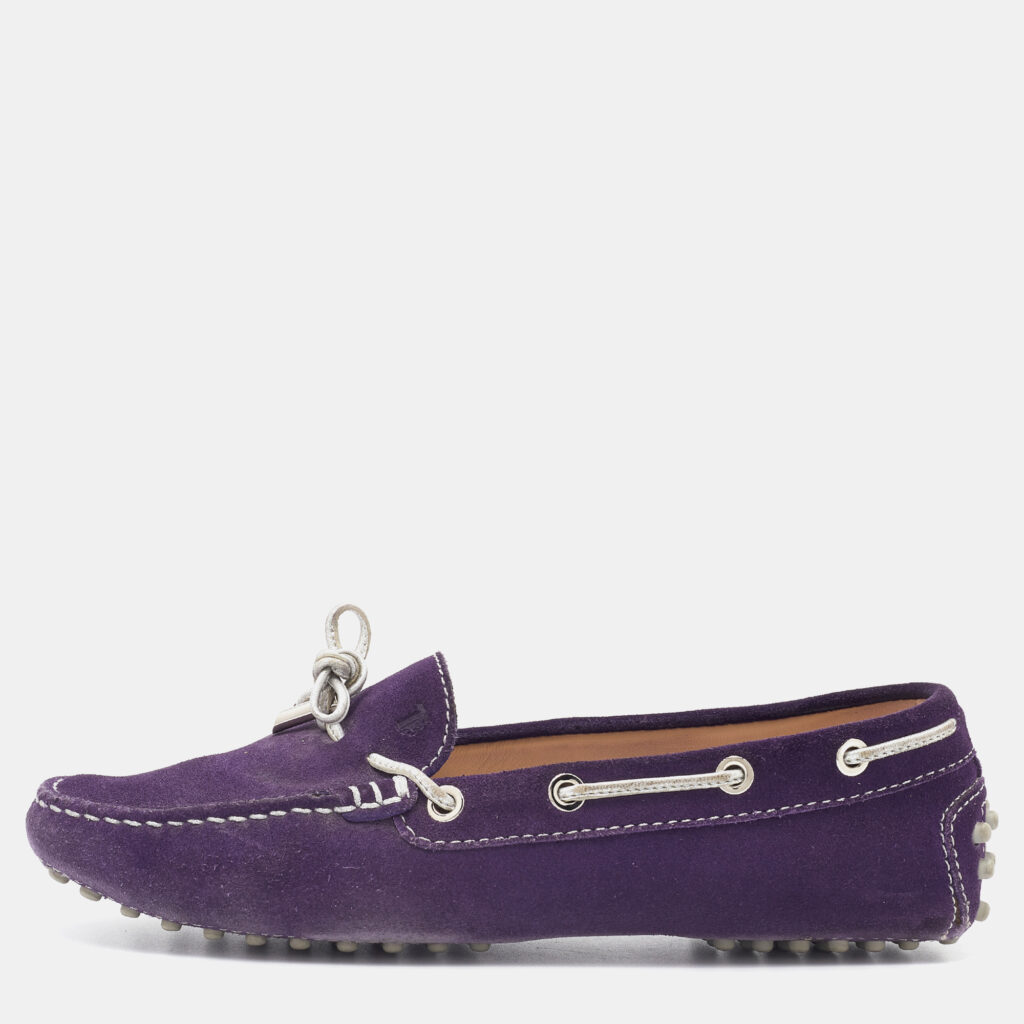 luxury-women-tods-used-shoes-p737421-010 Tod's Purple/Silver Suede and Leather Bow Slip On Loafers Size 37