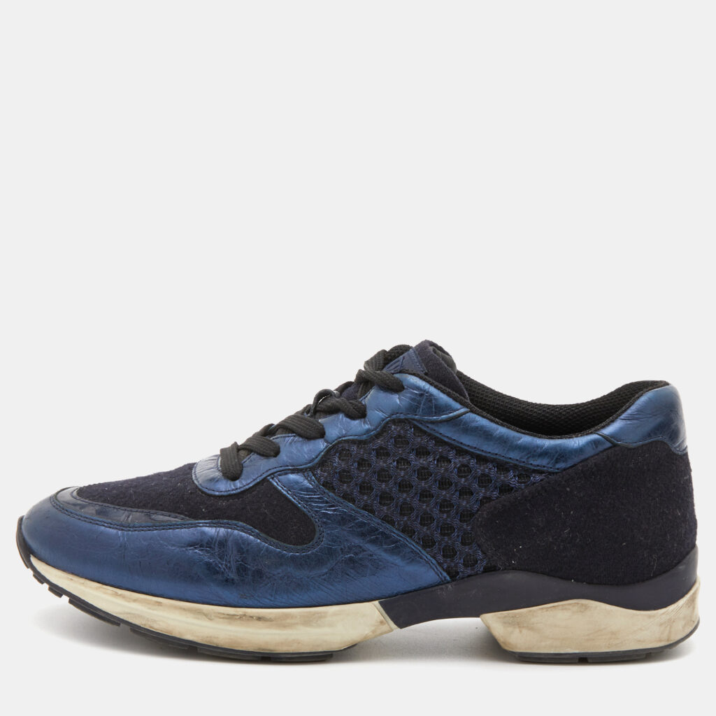 luxury-women-tods-used-shoes-p758674-004 Tod's Navy Blue/Black Leather and Mesh Low Top Sneakers Size 37.5