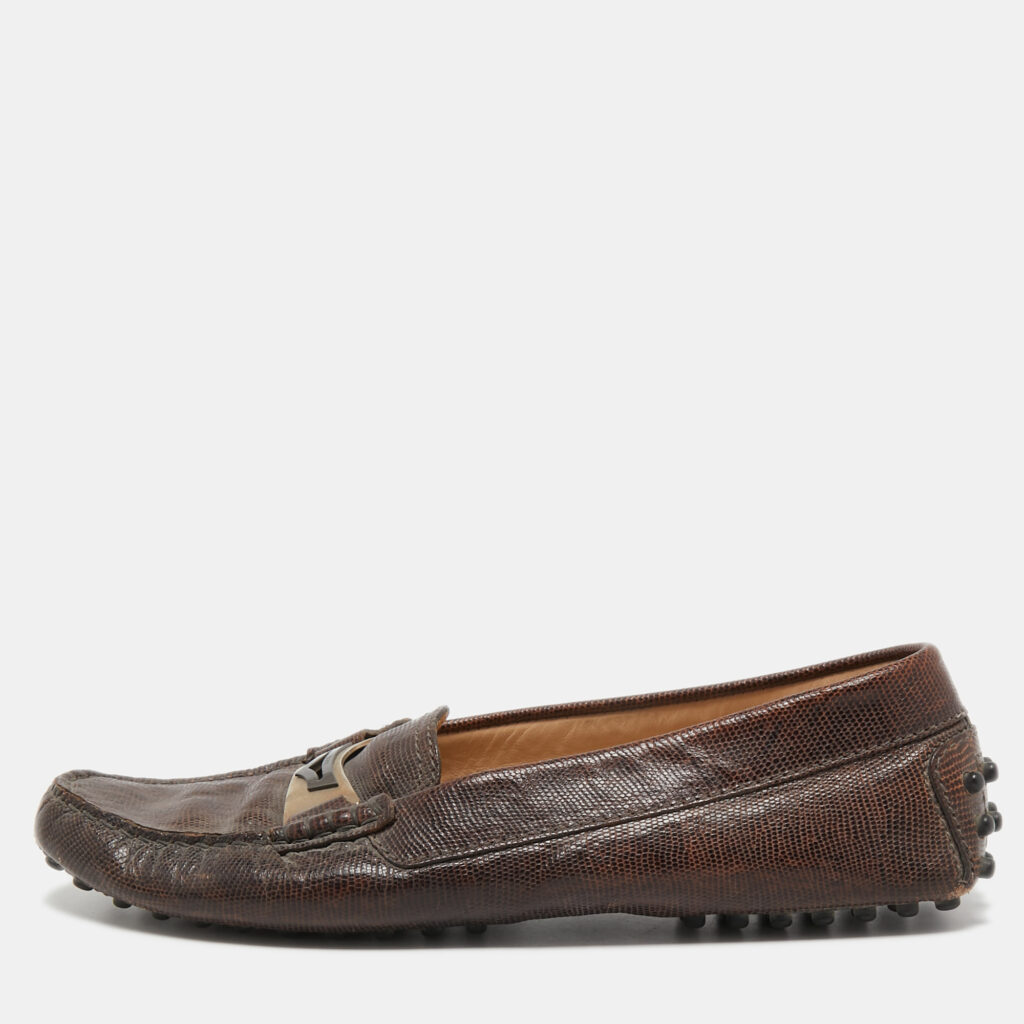 luxury-women-tods-used-shoes-p761383-001 Tod's Dark Brown Lizard Embossed Leather Driver Loafers Size 37.5