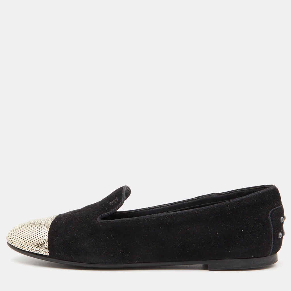 luxury-women-tods-used-shoes-p796947-004 Tod's Black/Gold Suede and Sequins Embellished Slip On Smoking Slippers Size 37.5