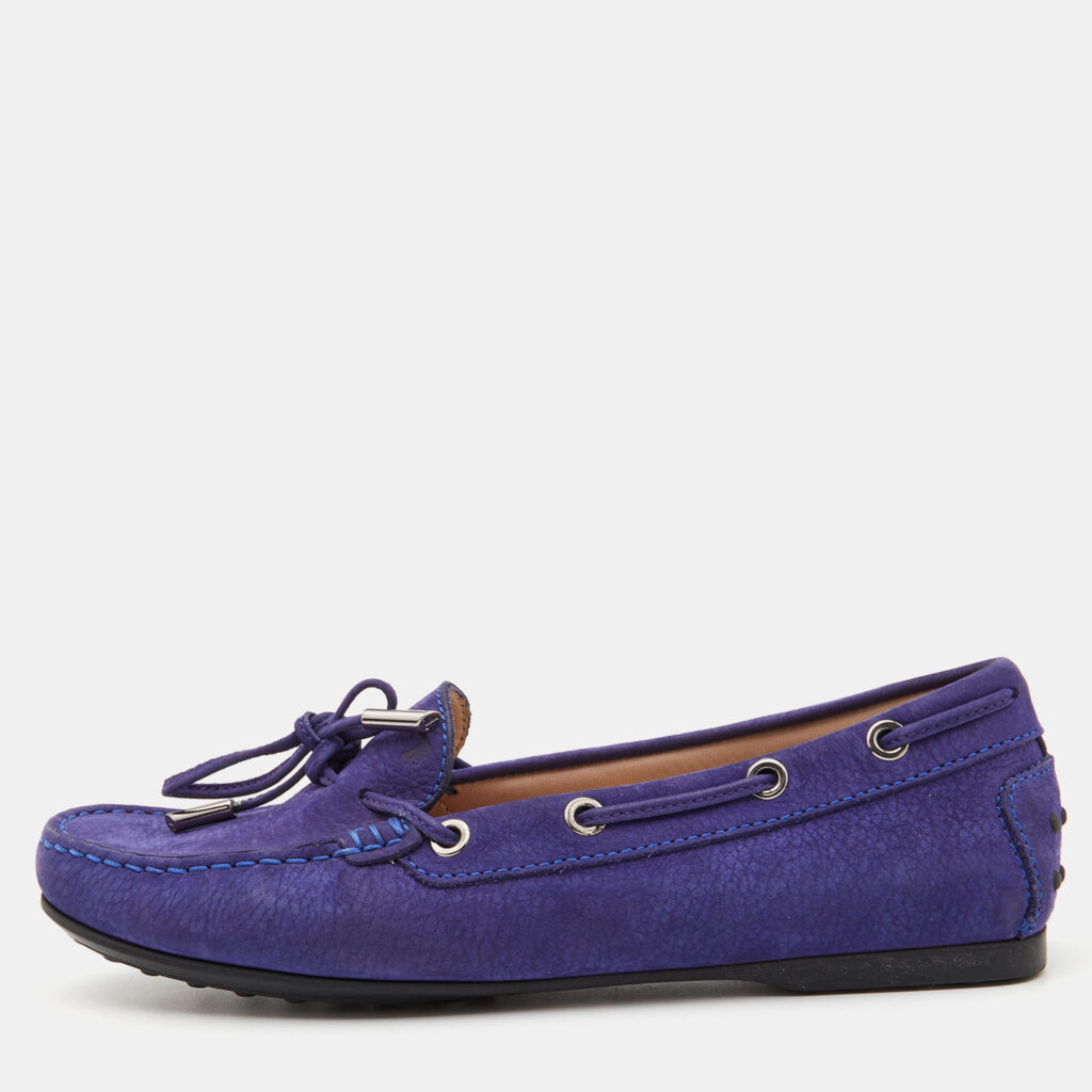 luxury-women-tods-used-shoes-p797034-010 Tod's Blue Nubuck Leather Bow Slip On Loafers Size 37