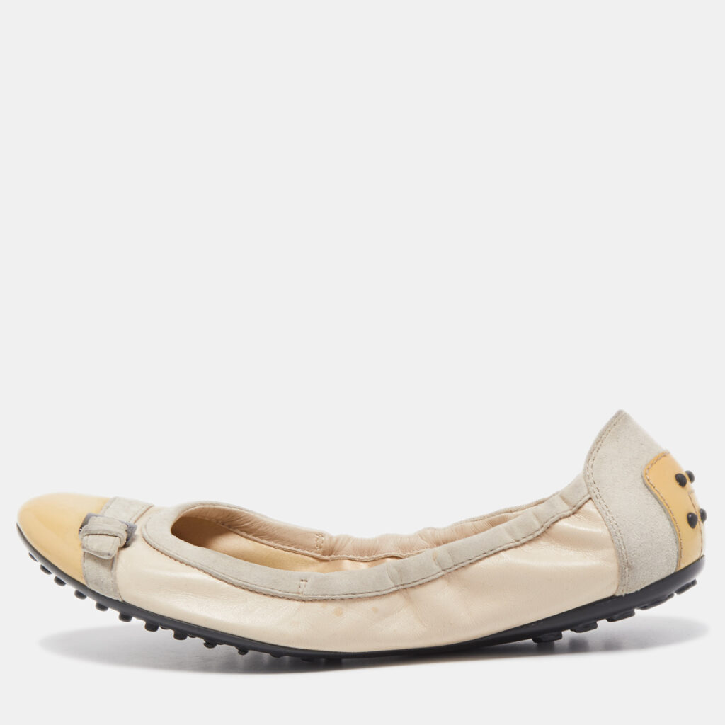 luxury-women-tods-used-shoes-p801219-001 Tod's Beige/Yellow Patent Leather and Suede Cap Toe Scrunch Ballet Flats Size 38.5