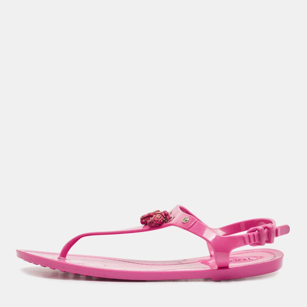 luxury-women-tods-used-shoes-p801408-003 Tod's Pink Rubber Studded Tassel Thong Flat Sandals Size 38