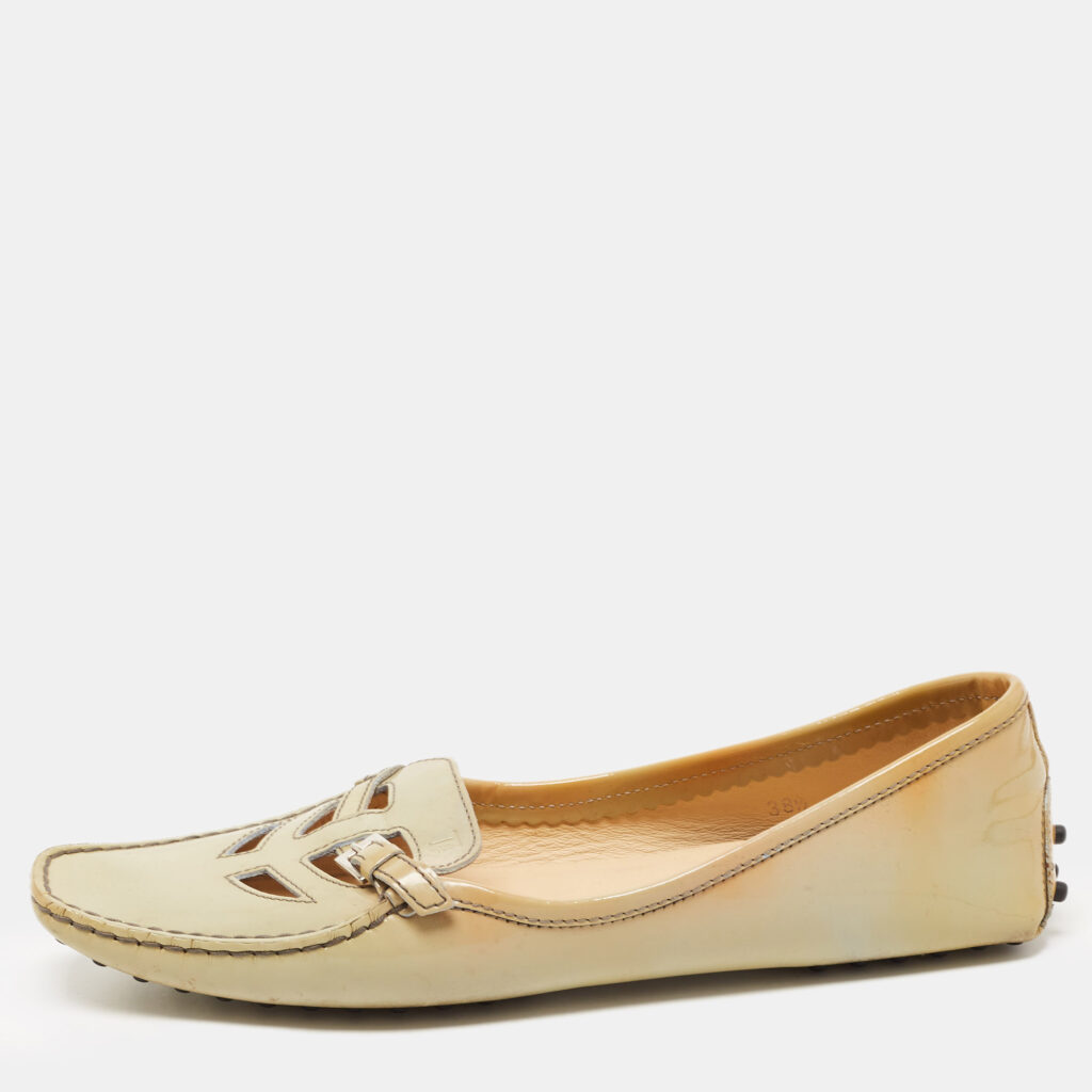 luxury-women-tods-used-shoes-p802221-001 Tod's Grey Patent Pointed Toe Buckle Loafers Size 38.5