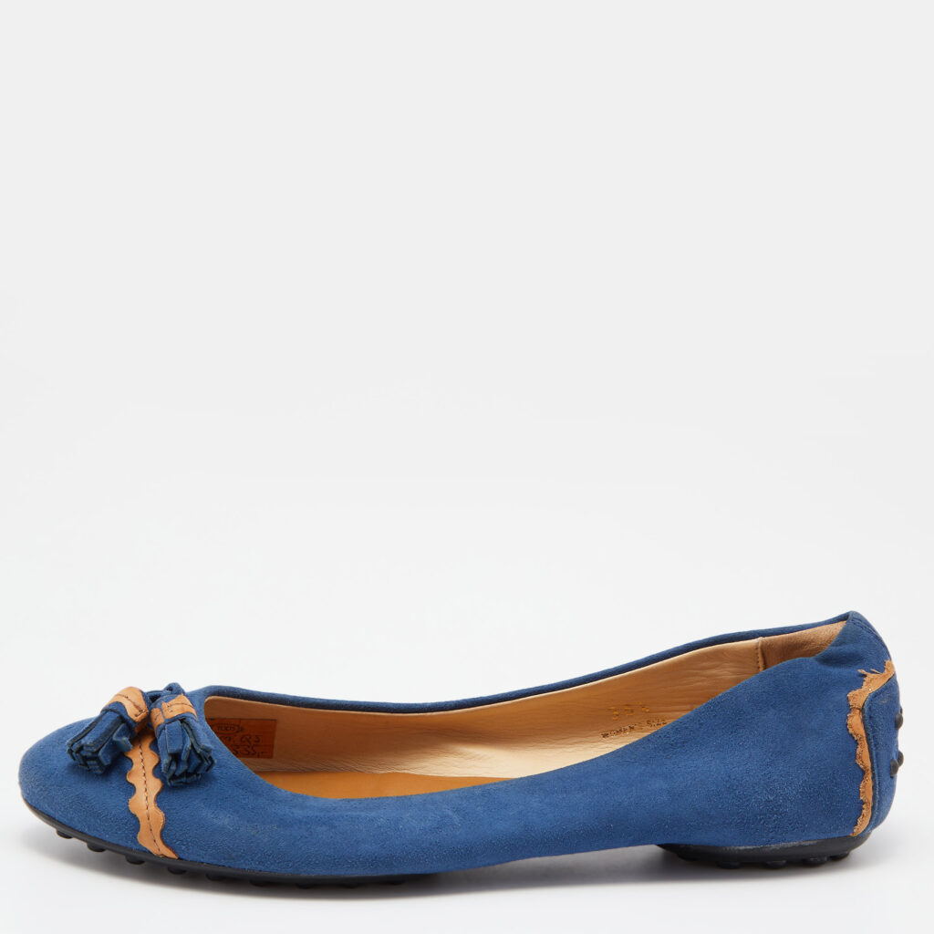 luxury-women-tods-used-shoes-p803049-002 Tod's Blue/Tan Leather Tassel Ballet Flats Size 36.5