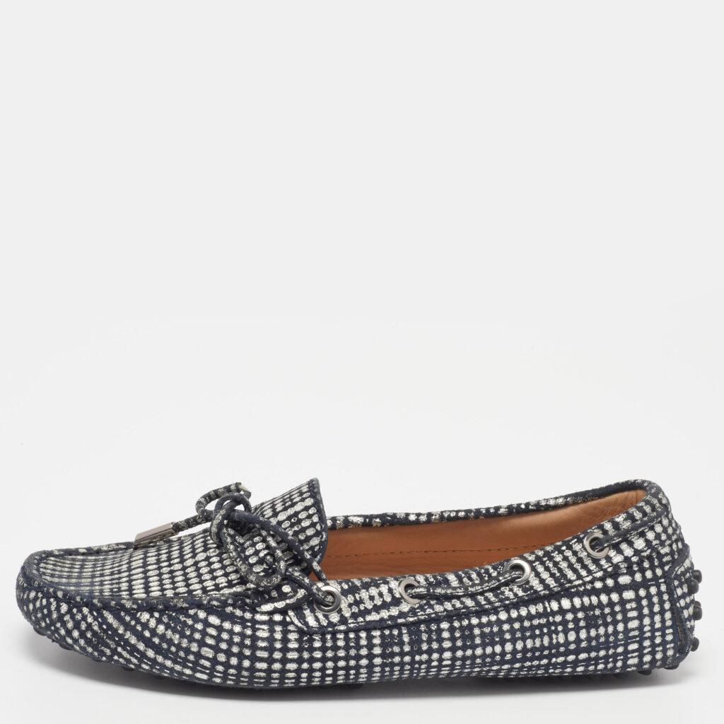 luxury-women-tods-used-shoes-p804596-001 Tod's Silver/Black Textured Suede Bow Loafers Size 36